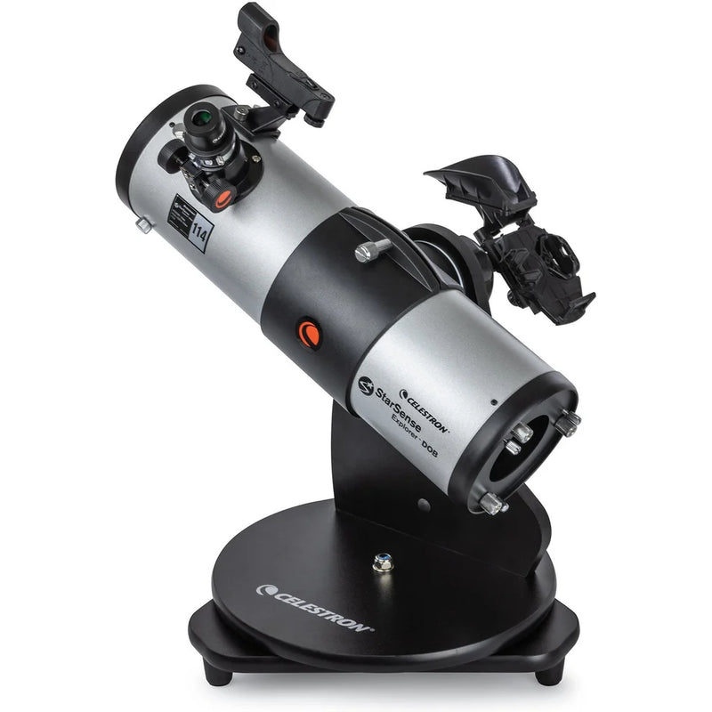 Celestron StarSense Explorer 114mm tabletop Dobsonian telescope with smartphone app, featuring a sturdy mount and optical tube.