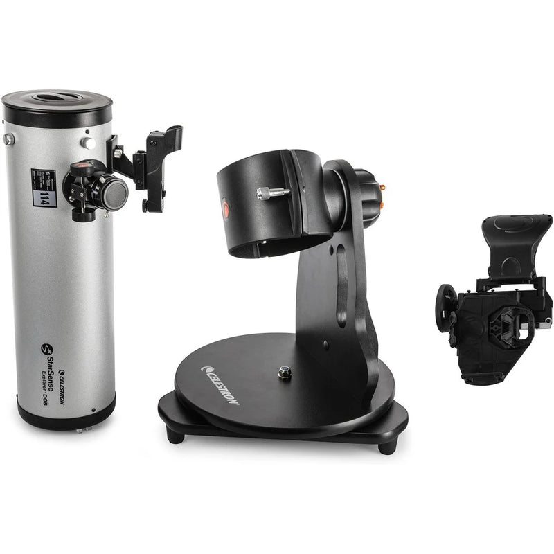 Celestron StarSense Explorer 114mm tabletop Dobsonian telescope with smartphone app, featuring a sturdy base and optical tube.
