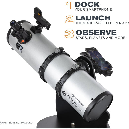Celestron StarSense Explorer 130mm tabletop Dobsonian telescope with smartphone mount and optical tube for stargazing.