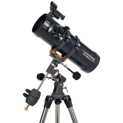 Celestron AstroMaster 114EQ Newtonian telescope with equatorial mount and optical tube for stargazing and astronomy.