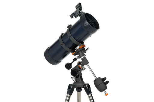Celestron AstroMaster 114EQ Newtonian telescope with tripod and mount, designed for stargazing and astronomical observation.