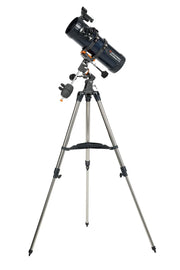 Celestron AstroMaster 114EQ Newtonian telescope with tripod, black body, and optical tube for astronomy observation.