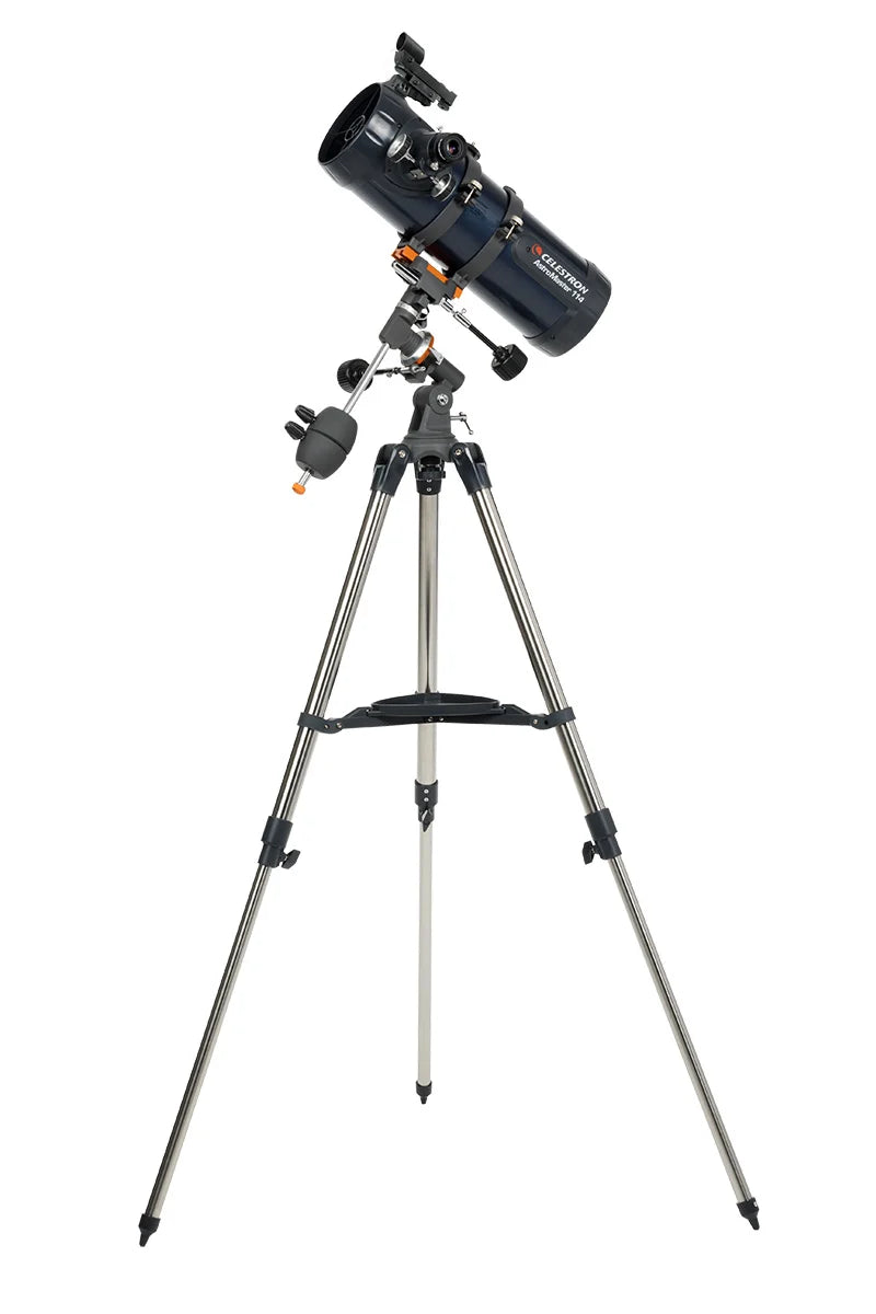 Celestron AstroMaster 114EQ Newtonian telescope with tripod, black body, and optical tube for astronomy observation.