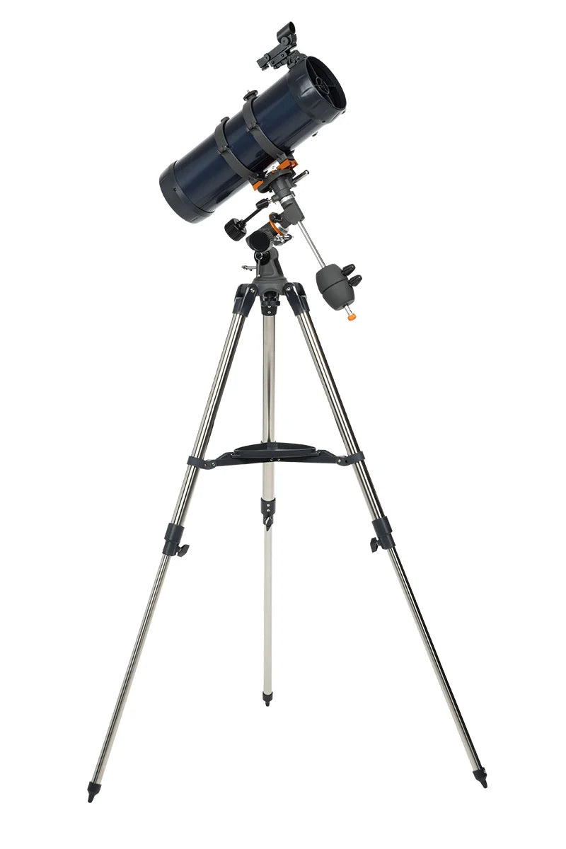 Celestron AstroMaster 114EQ Newtonian telescope with tripod and optical tube for astronomy viewing and celestial observation.