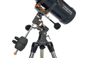Celestron AstroMaster 114EQ Newtonian telescope with aluminum tripod and optical tube for astronomical viewing.