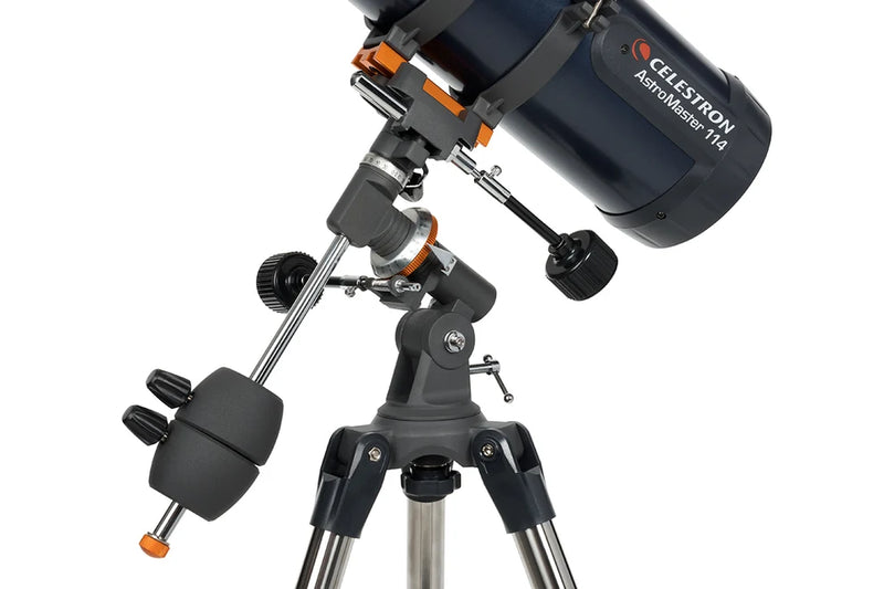 Celestron AstroMaster 114EQ Newtonian telescope with aluminum tripod and optical tube for astronomical viewing.