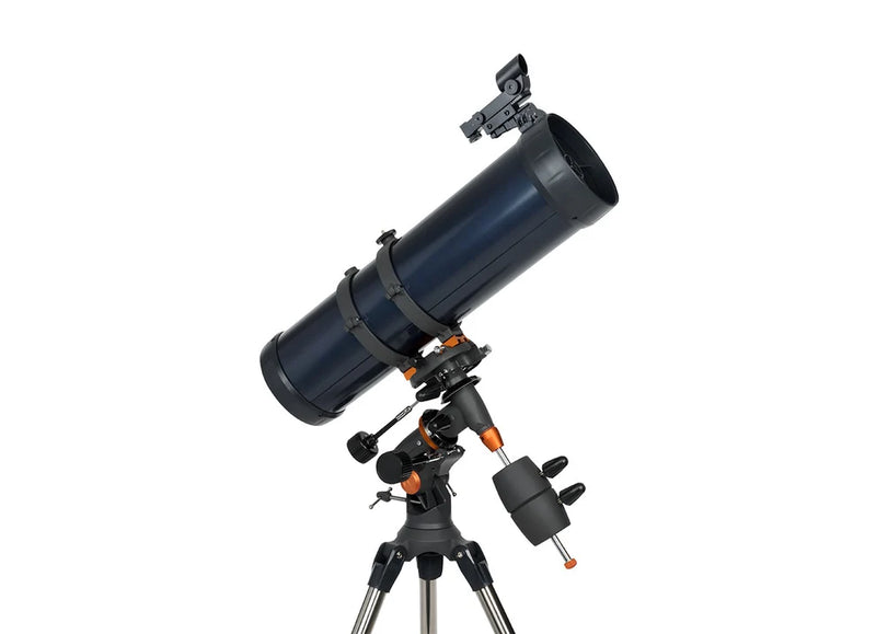 Celestron AstroMaster 130EQ Newtonian telescope with equatorial mount, featuring a sleek design and optical tube for stargazing.
