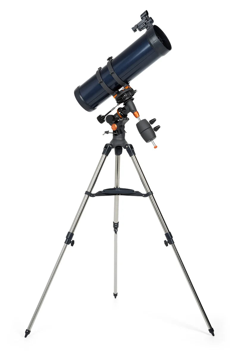 Celestron AstroMaster 130EQ Newtonian telescope with equatorial mount and optical tube for stargazing and astronomy.