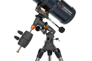 Celestron AstroMaster 130EQ Newtonian telescope with mount and optical tube for astronomy observation.