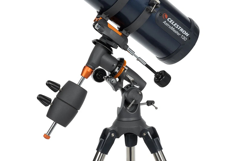 Celestron AstroMaster 130EQ Newtonian telescope with mount and optical tube for astronomy observation.