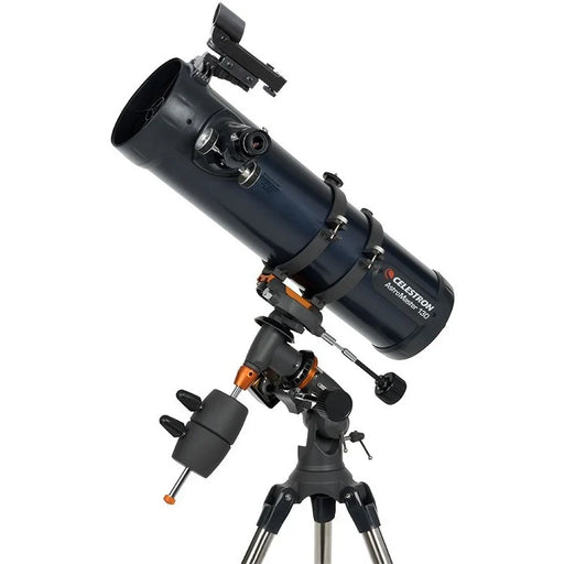 Celestron AstroMaster 130EQ Newtonian telescope with motor drive and equatorial mount, designed for astrophotography and stargazing.