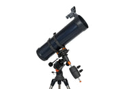 Celestron AstroMaster 130EQ Newtonian telescope with motor drive, mounted on an equatorial tripod for stargazing and astronomical observation.