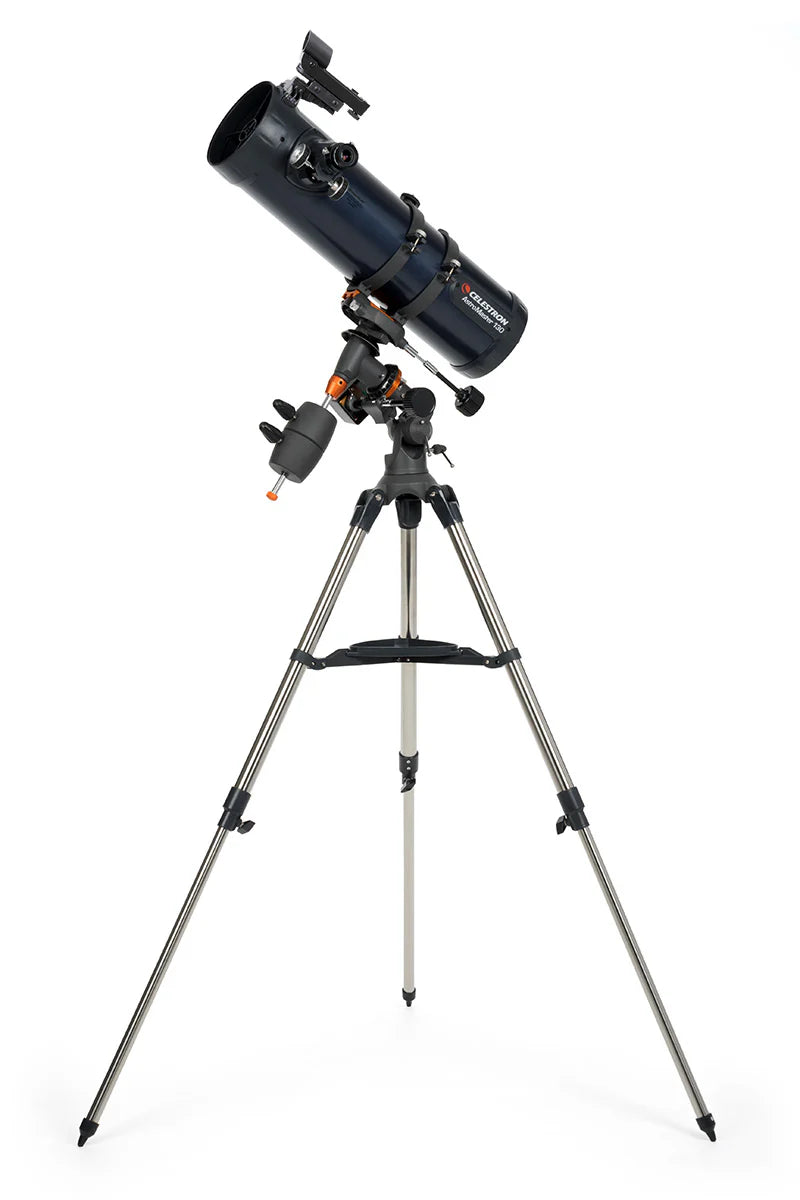 Celestron AstroMaster 130EQ Newtonian telescope with motor drive, sturdy tripod, and optical tube for astronomy observation