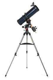 Celestron AstroMaster 130EQ Newtonian telescope with motor drive, mounted on a tripod, suitable for astronomy observation.