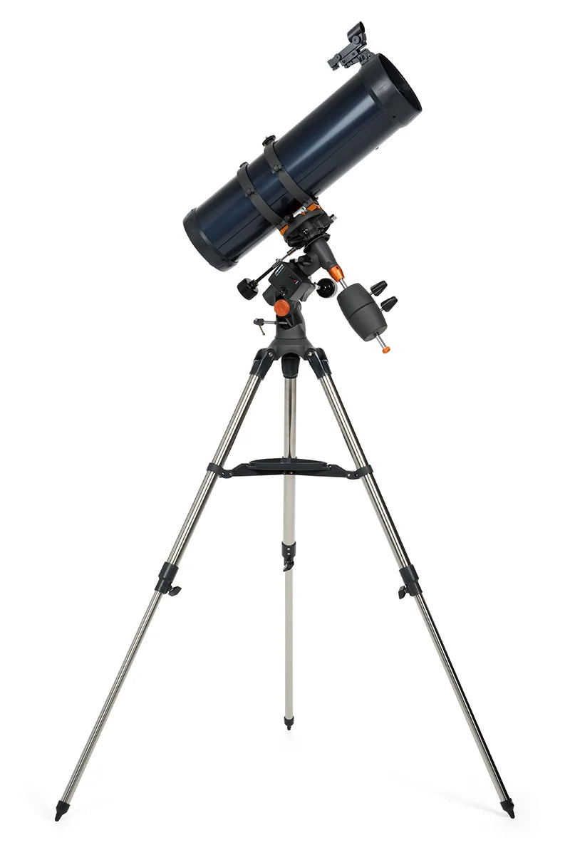 Celestron AstroMaster 130EQ Newtonian telescope with motor drive, mounted on a tripod, suitable for astronomy observation.