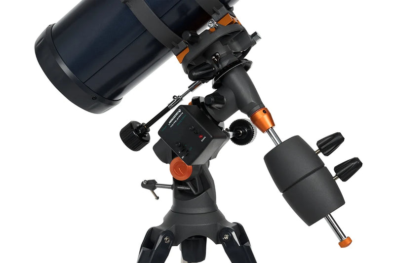 Celestron AstroMaster 130EQ Newtonian telescope with motor drive and sturdy mount, ideal for astronomy observation.