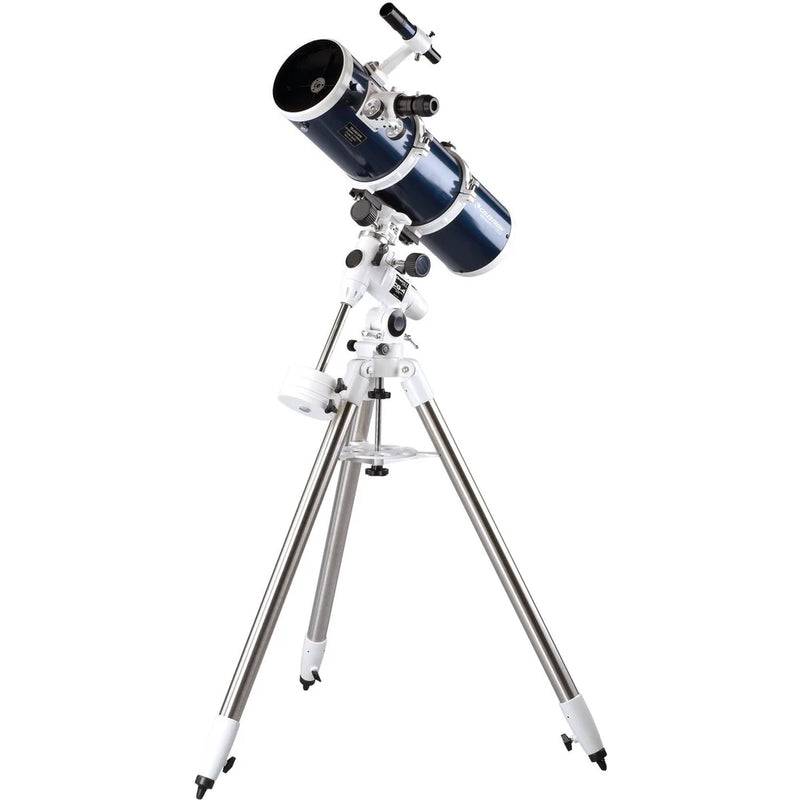Celestron Omni XLT 150 Newtonian Telescope with tripod, featuring a sleek design and optical tube for astronomical observation.