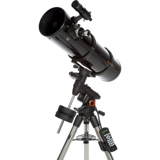 Celestron Advanced VX 8-inch Newtonian reflector telescope with mount, featuring a large optical tube and sturdy tripod.