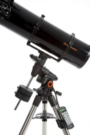 Celestron Advanced VX 8-inch Newtonian reflector telescope with mounted optical tube and adjustable tripod for stargazing.