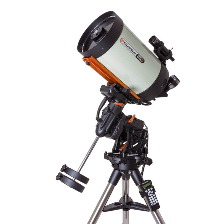 Celestron CGX 1100 EdgeHD Schmidt-Cassegrain telescope with mount, featuring a large optical tube and accessories for astrophotography.