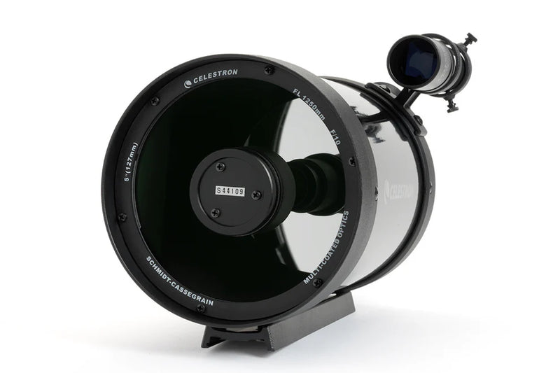 Celestron C5 SCT spotting scope with eyepiece and tripod, showcasing its sleek black design and optical components.