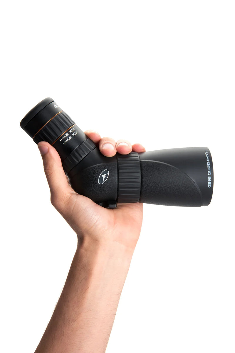 Celestron Hummingbird 9-27x56 ED zoom spotting scope showing the compact body, eyepiece, and adjustable zoom lens.