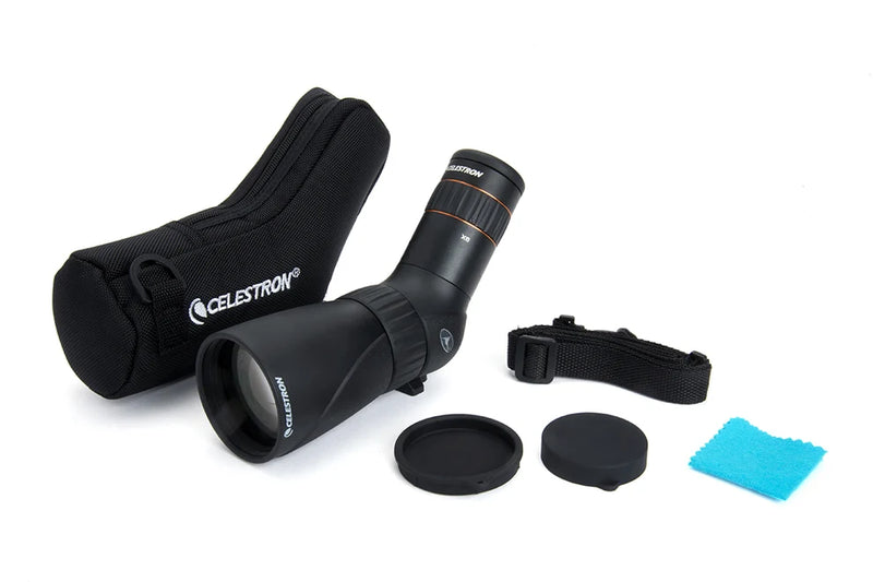 Celestron Hummingbird 9-27x56mm micro spotting scope with adjustable zoom, compact design, and large objective lens for detailed viewing.