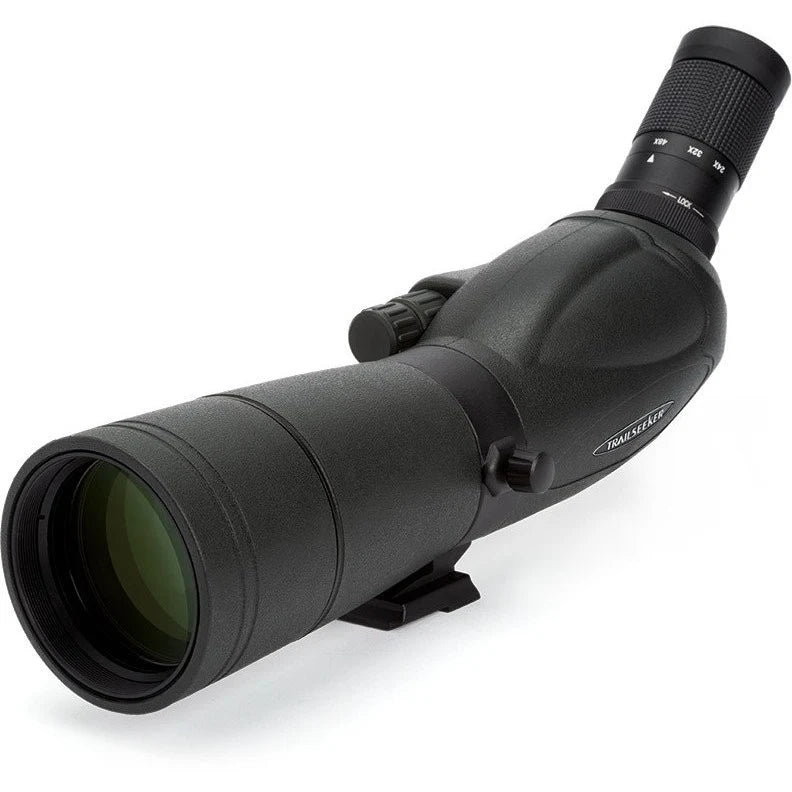 Celestron TrailSeeker 65mm angled spotting scope with 45-degree zoom lens, outdoor wildlife observation and nature viewing.