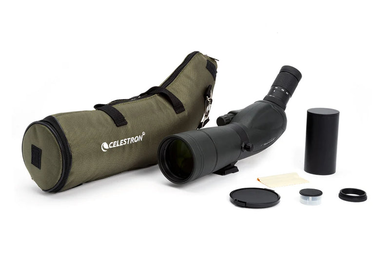 Celestron TrailSeeker 65mm angled zoom spotting scope with 45-degree eyepiece for outdoor birdwatching and nature observation.