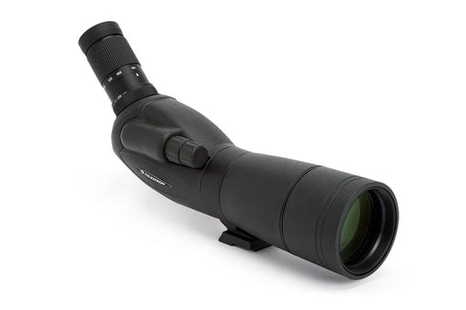 Celestron TrailSeeker 65mm angled zoom spotting scope with eyepiece and tripod mount, designed for outdoor wildlife observation.