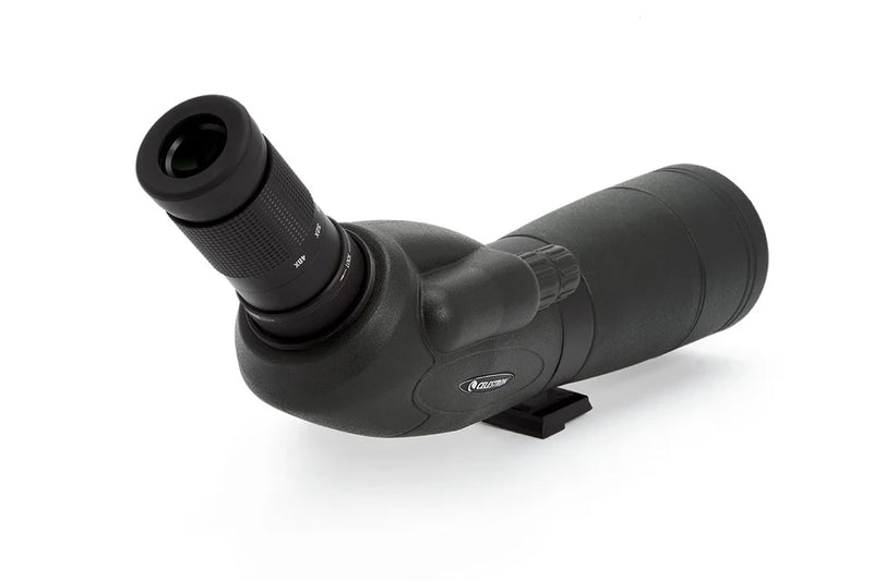Celestron TrailSeeker 65mm angled zoom spotting scope with 45-degree eyepiece for birdwatching and nature observation.