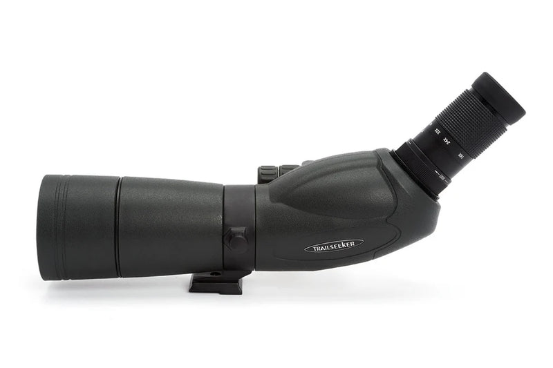 Celestron TrailSeeker 65mm angled spotting scope with 45-degree zoom lens and sturdy tripod for outdoor observation.