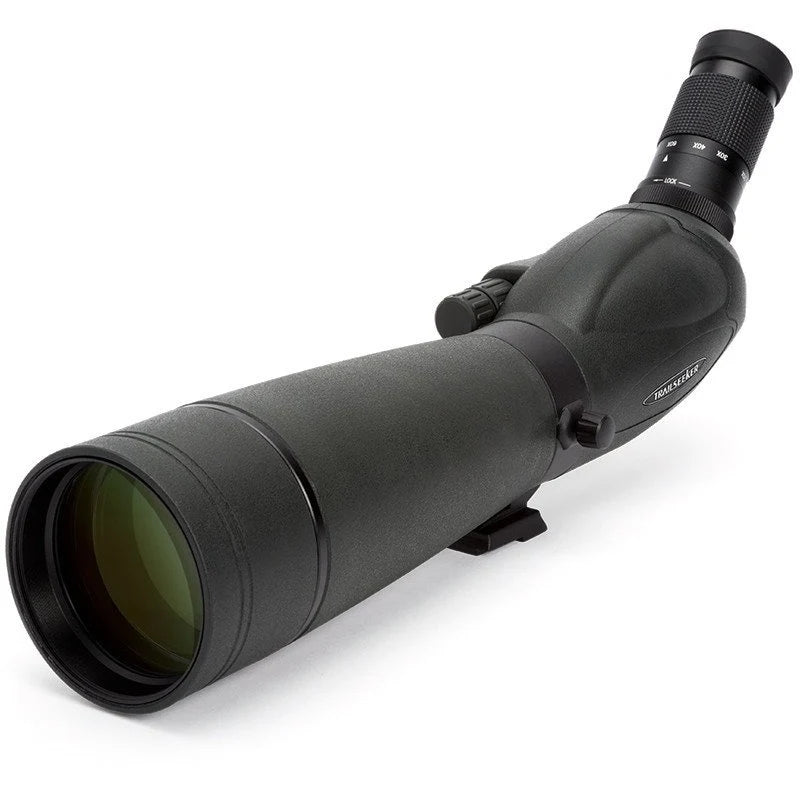 Celestron TrailSeeker 80mm angled zoom spotting scope with adjustable eyepiece and sturdy tripod for outdoor wildlife viewing.
