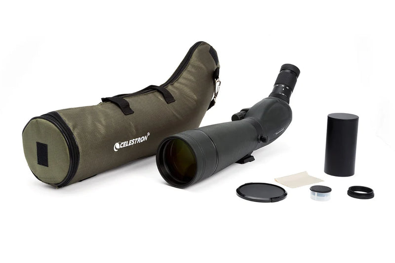 Celestron TrailSeeker 80mm angled zoom spotting scope with eyepiece and tripod, ideal for outdoor birdwatching and nature observation.