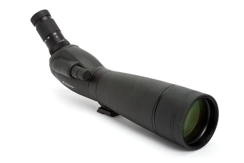 Celestron TrailSeeker 80mm angled zoom spotting scope with eyepiece and tripod for outdoor wildlife and birdwatching.
