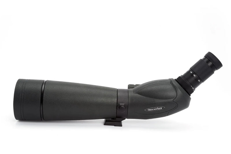 Celestron TrailSeeker 80mm angled zoom spotting scope with 45-degree eyepiece for birdwatching and outdoor observation.