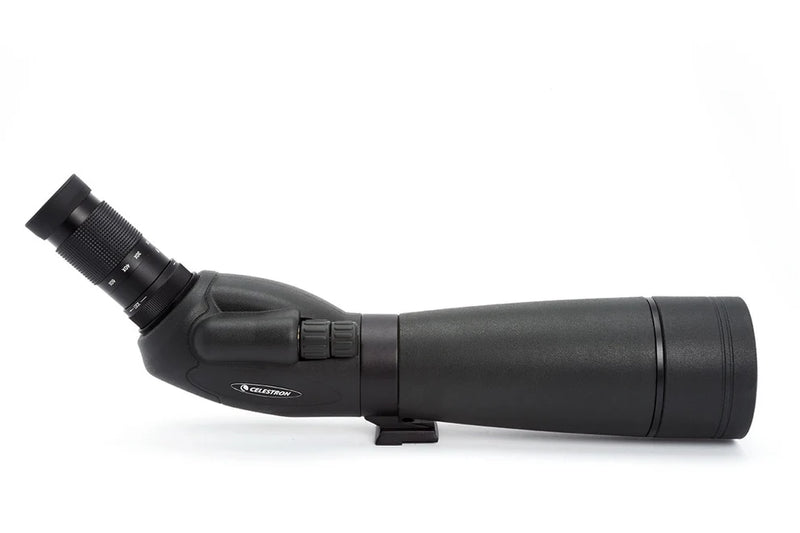 Celestron TrailSeeker 80mm angled spotting scope with zoom eyepiece, sturdy tripod, and outdoor viewing accessories.