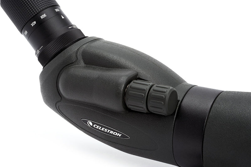 Celestron TrailSeeker 80mm angled zoom spotting scope with adjustable eyepiece and sturdy tripod for outdoor wildlife viewing.