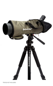 Celestron TrailSeeker 80mm angled spotting scope with zoom lens and 45-degree viewing angle, ideal for outdoor observation.