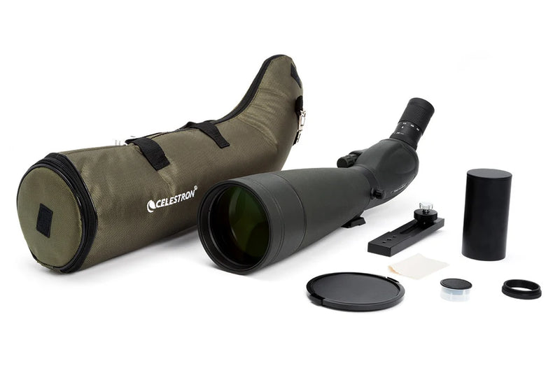 Celestron TrailSeeker 100mm angled spotting scope with 45-degree zoom eyepiece for wildlife and nature viewing.