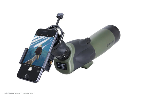 Celestron Ultima 80 binoculars with 45-degree angle eyepiece and smartphone adapter for easy photo capturing.