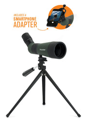 Celestron LandScout 12-36x60 binoculars with table-top tripod and smartphone adapter for outdoor viewing and photography.