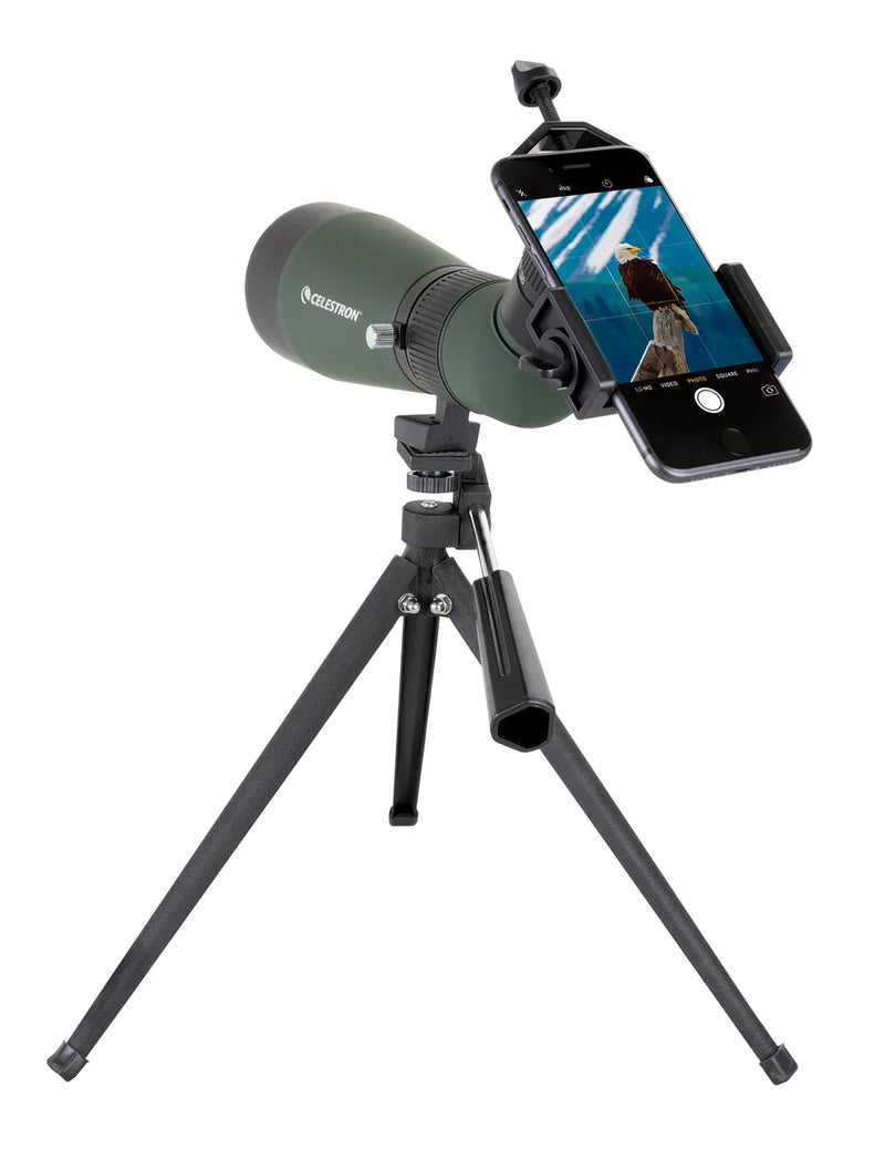 Celestron LandScout 12-36x60 binoculars with table-top tripod and smartphone adapter for outdoor viewing and photography.