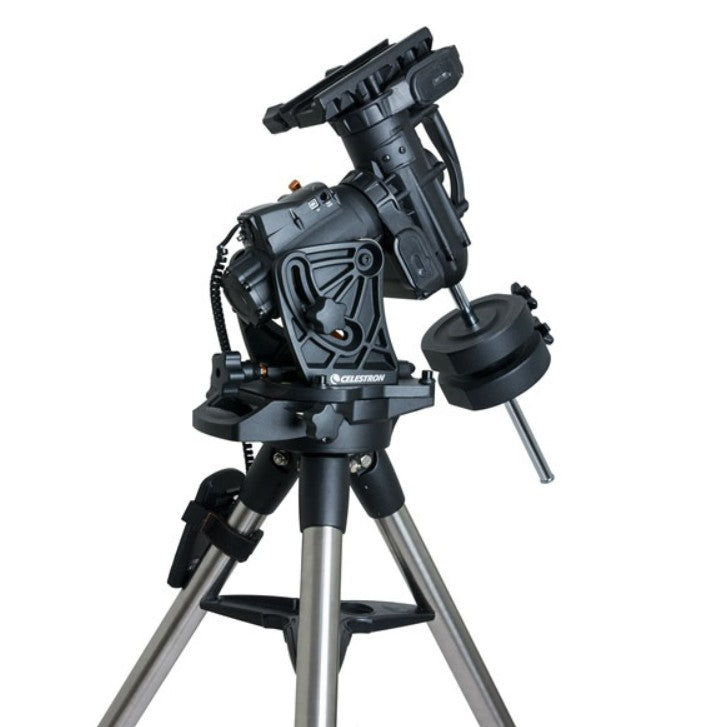 Celestron CGX 1100 EdgeHD Schmidt-Cassegrain telescope with tripod and accessories, showcasing its optical tube and mounting system.