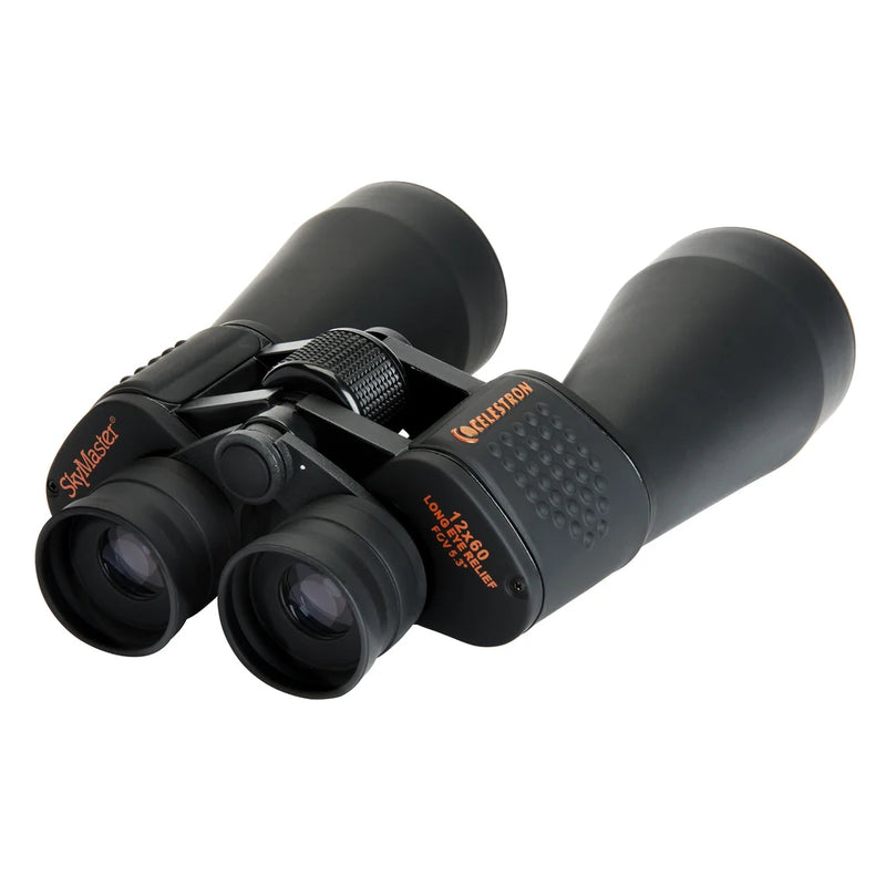 Celestron SkyMaster 12x60 Porro binoculars with large objective lenses, black body, and textured focus wheel for stargazing and viewing.
