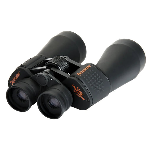 Celestron SkyMaster 12x60 Porro binoculars with large objective lenses, black body, and textured focus wheel for stargazing and viewing.