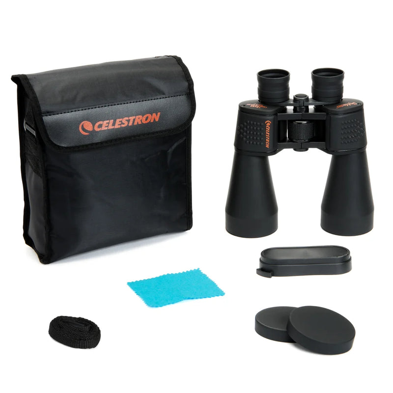 Celestron SkyMaster 12x60 Porro binoculars showing large objective lenses and durable black rubber exterior for outdoor viewing.