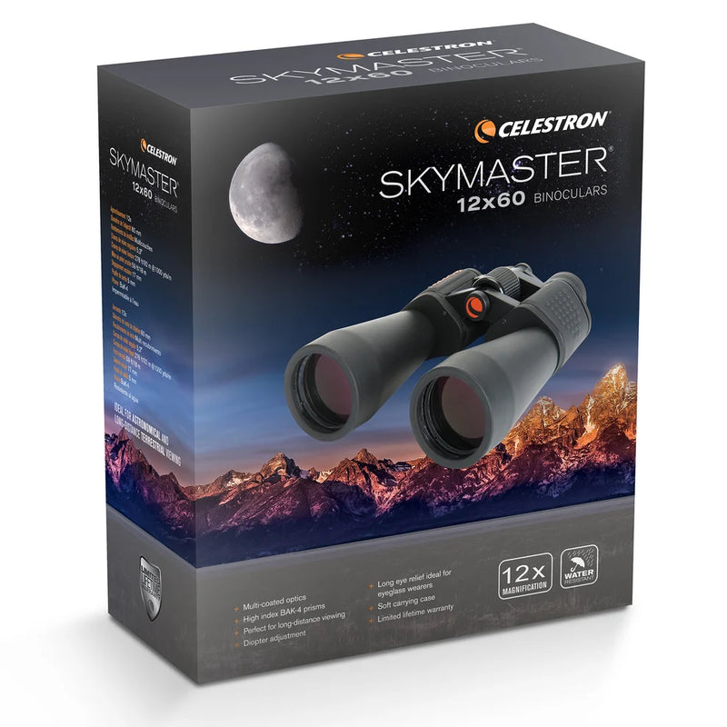Celestron SkyMaster 12x60 Porro binoculars with large objective lenses and ergonomic design for clear, detailed viewing.