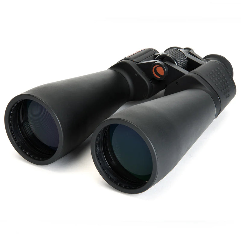 Celestron SkyMaster 25x70 Porro binoculars showing large objective lenses and sturdy black body for astronomical viewing.