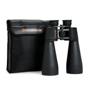Celestron SkyMaster 25x70 Porro binoculars showing large objective lenses and textured focus wheel for astronomical viewing.